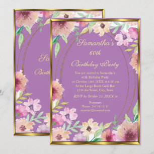 60th Purple Floral Gold Birthday Party Invitation