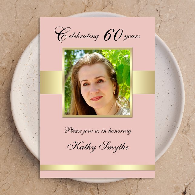 60th Rose Gold Photo Birthday Party Invitation (Creator Uploaded)