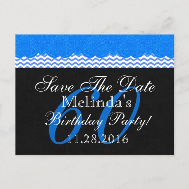 60th Save the Date Birthday Blue Lace Chevrons V06 Announcement Postcard (Front)