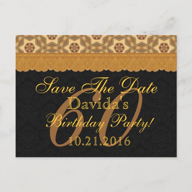 60th Save the Date Birthday Gold Black Lace Announcement Postcard (Front)
