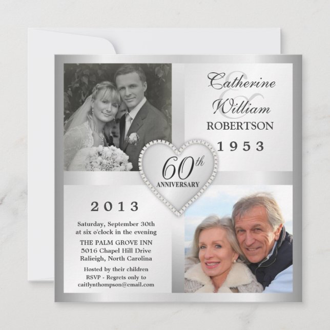 60th Silver Anniversary Heart Photo Invitations (Front)