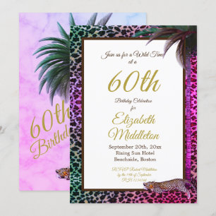 60th Sixtieth Leopard Palm Wild Purple Birthday Invitation