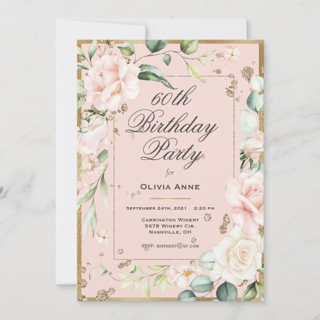 60th Sixty Sixtieth 60 Birthday Pink Floral Invitation (Front)