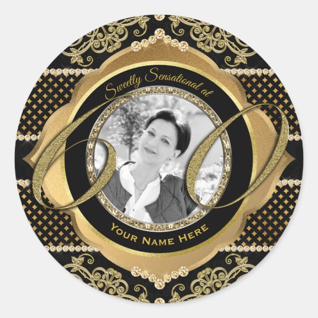 60th Sixty-Year-Old Gold Diamond Black Photo Frame Classic Round Sticker (Front)