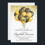 60th Surprise Birthday Black Gold Glitter   Invitation<br><div class="desc">Black and gold balloons And confetti 60th birthday party invite. Bold black and gold style design with modern script typeface. Customise for any age. 40,  50,  60,  70,  80,  90 and over.</div>