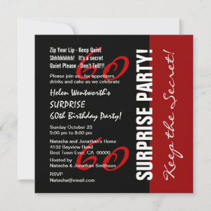 60th SURPRISE Birthday Black Red White Felt Paper Invitation