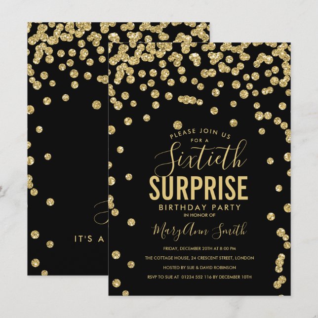 60th Surprise Birthday Gold Black Invitation (Front/Back)