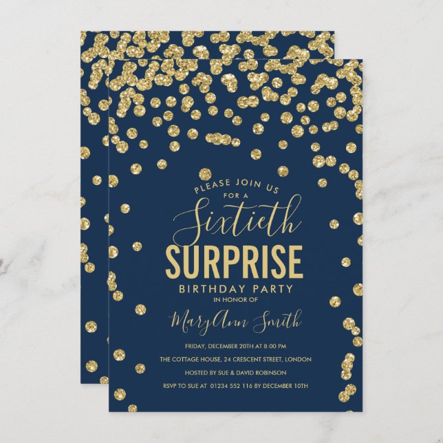 60th Surprise Birthday Gold Navy Blue Invitation (Front/Back)
