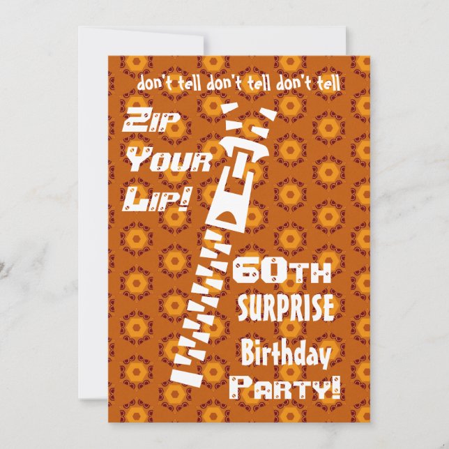60th SURPRISE Birthday Gold Orange  Zip  Lip Invitation (Front)