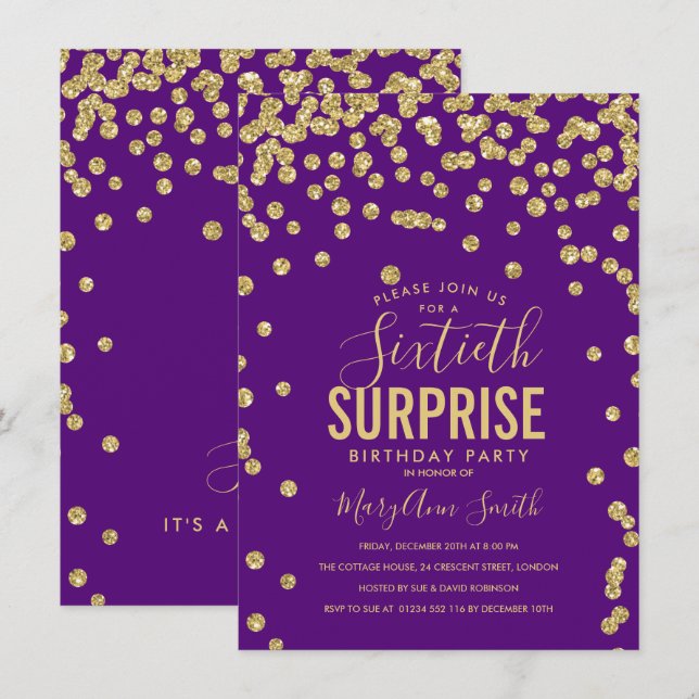 60th Surprise Birthday Gold Purple Invitation (Front/Back)