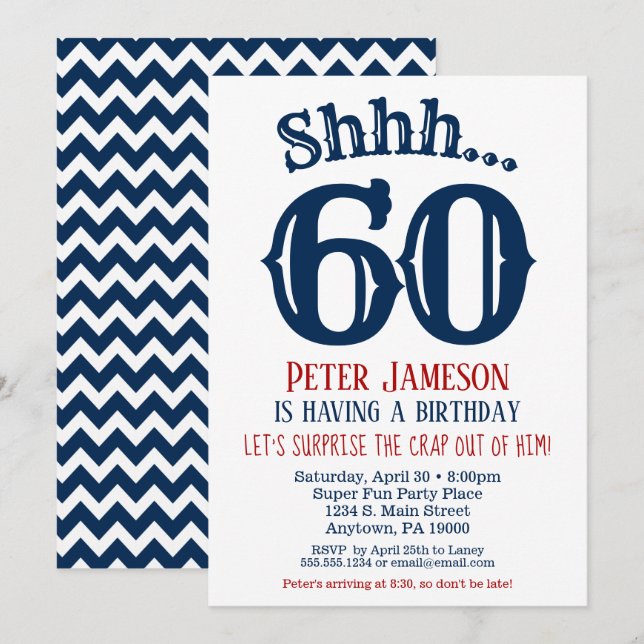 60th Surprise Birthday Invitation Mens Navy Blue (Front/Back)