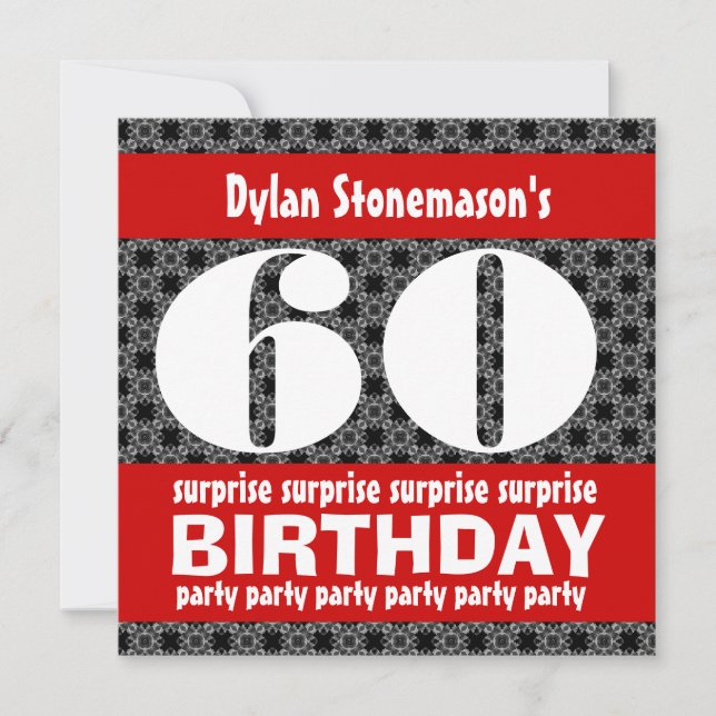 60th Surprise Birthday Party Black Red White Invitation (Front)