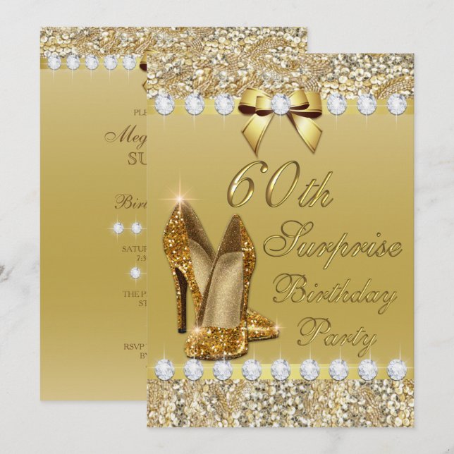 60th Surprise Birthday Party Gold Heels Diamonds Invitation (Front/Back)