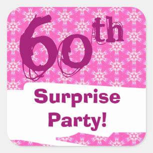 60th Surprise Birthday Party Pink Pattern Template Square Sticker