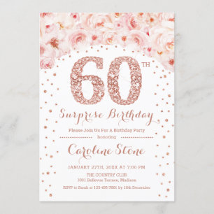 60th Surprise Birthday Party - White Rose Gold Invitation