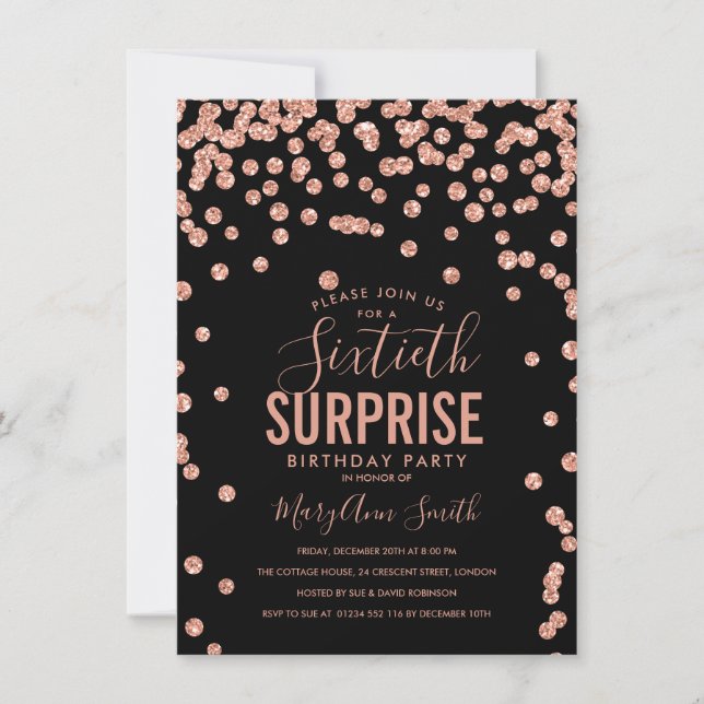 60th Surprise Birthday Rose Gold Black Invitation (Front)