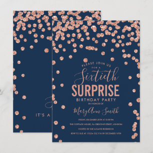 60th Surprise Birthday Rose Gold Navy Blue Invitation