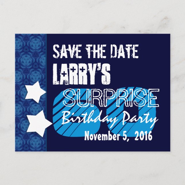 60th Surprise Birthday Save the Date Blue Stars Announcement Postcard (Front)