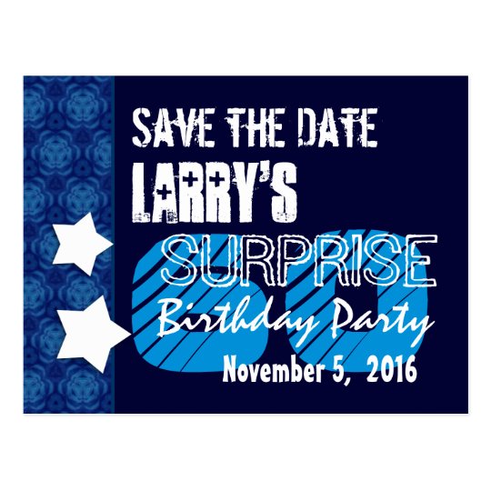 60th Surprise Birthday Save the Date Blue Stars Postcard