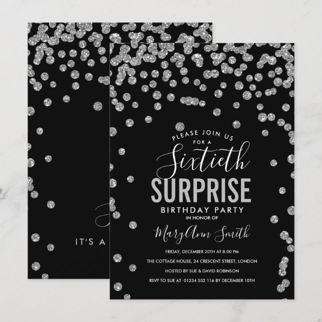 60th Surprise Birthday Silver Black Invitation (Front/Back)