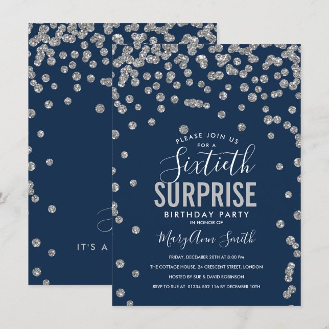 60th Surprise Birthday Silver Navy Blue Invitation (Front/Back)