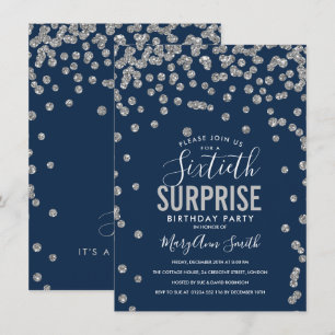 60th Surprise Birthday Silver Navy Blue Invitation