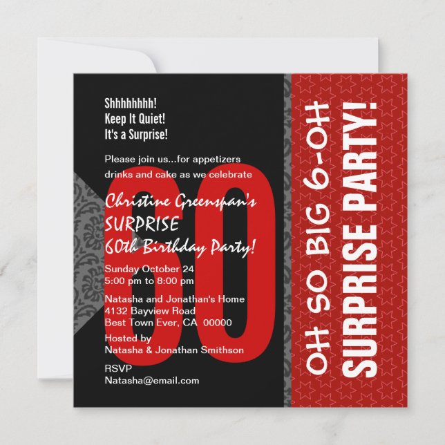 60th Surprise Diagonal Red Black and White Invitation (Front)