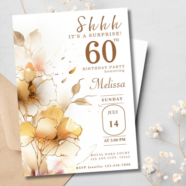  60th Surprise Gold Flowers Watercolor Birthday Invitation (Creator Uploaded)
