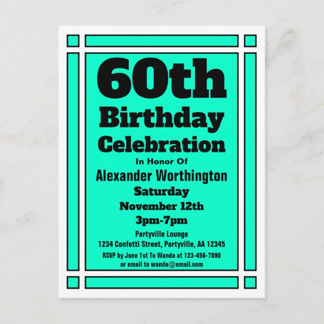 60th Teal Simple Birthday Invitation Postcard (Front)