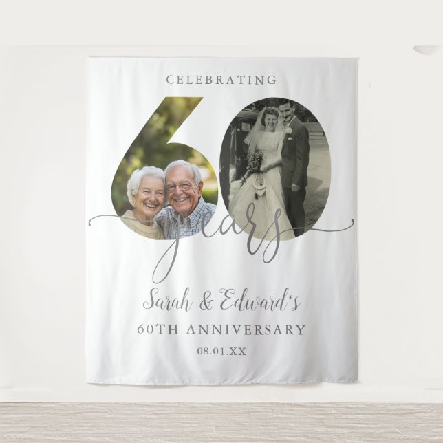 60th Wedding Anniversary 2 Photo Backdrop Tapestry (Front)