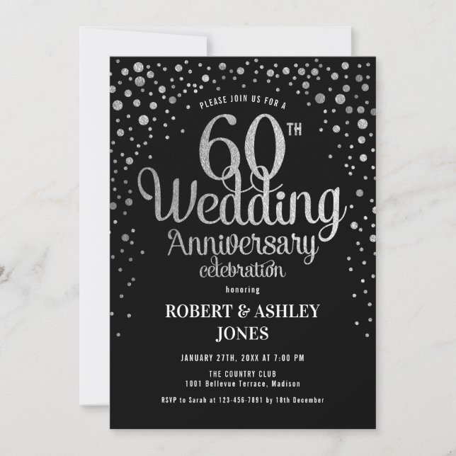 60th Wedding Anniversary - Black & Silver Invitation (Front)