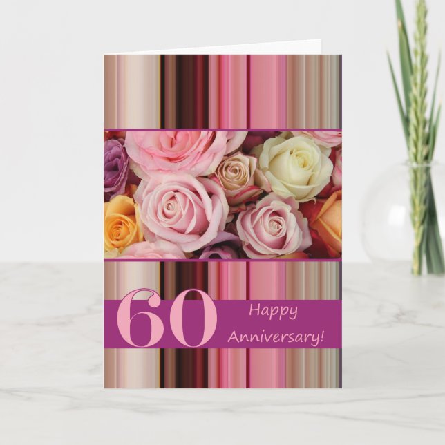 60th Wedding Anniversary Card -Pastel roses stripe (Front)