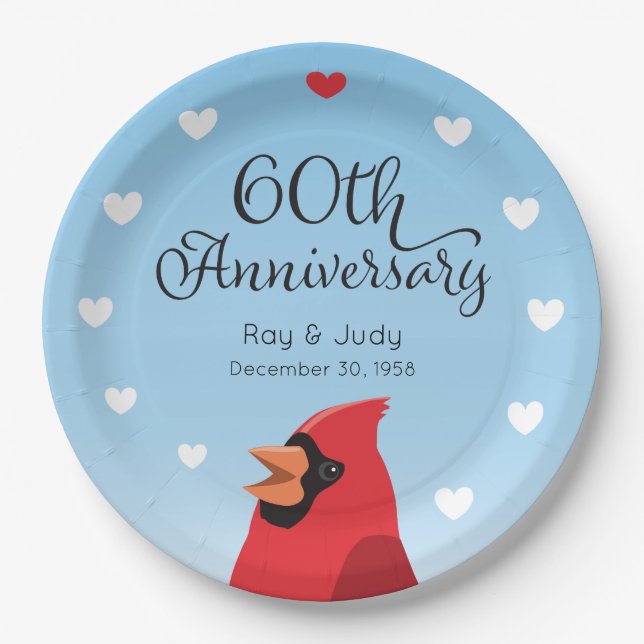 60th Wedding Anniversary, Cardinal and Hearts Paper Plate (Front)