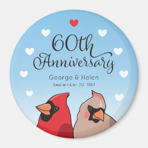 60th Wedding Anniversary, Cardinal Bird and Hearts Magnet