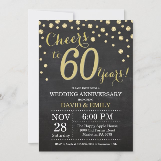 60th Wedding Anniversary Chalkboard Black and Gold Invitation (Front)