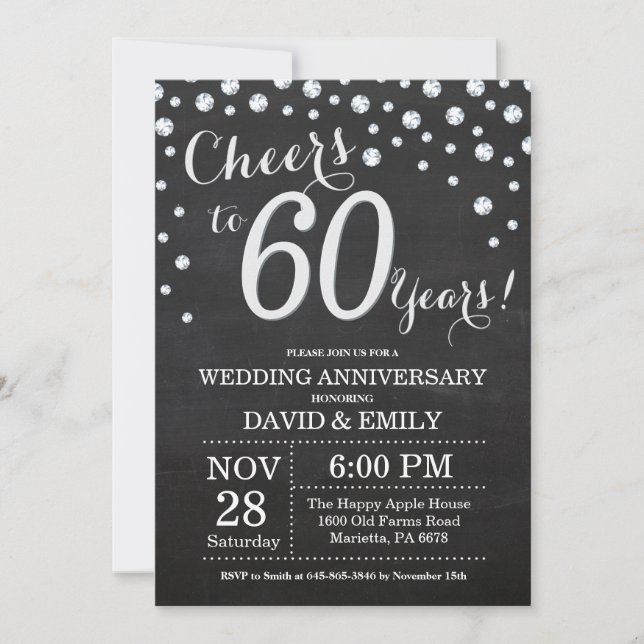 60th Wedding Anniversary Chalkboard Black Silver Invitation (Front)