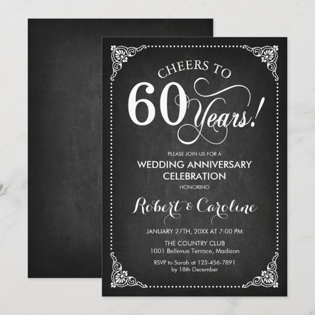 60th Wedding Anniversary - Chalkboard White Invitation (Front/Back)