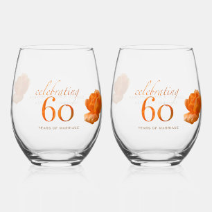 60th wedding anniversary customise peach rose gift stemless wine glass