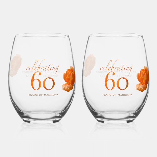 60th wedding anniversary customise peach rose gift stemless wine glass (Front)