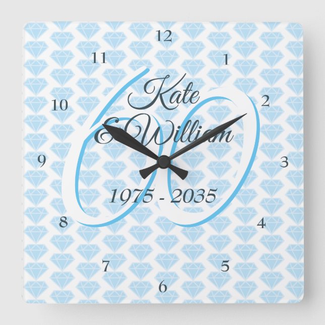 60th Wedding Anniversary Diamond Celebration Square Wall Clock (Front)
