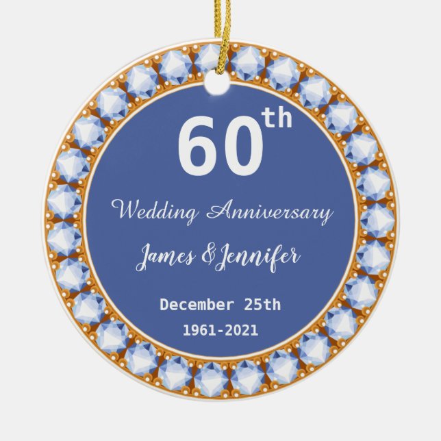 60th Wedding Anniversary diamond Custom Names Ceramic Tree Decoration (Front)