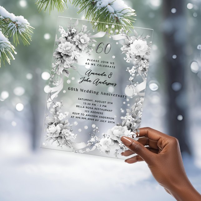 60th wedding anniversary diamond florals clear acrylic invitations (Creator Uploaded)