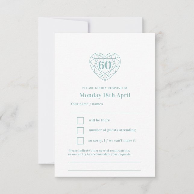 60th wedding anniversary diamond heart reply RSVP Card (Front)