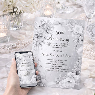 60th wedding anniversary diamond silver floral bow invitation