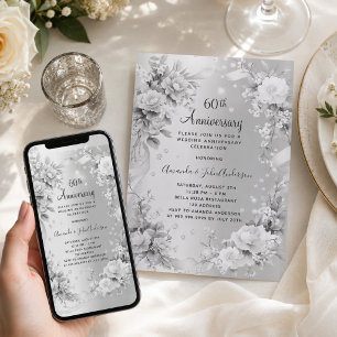 60th wedding anniversary diamond silver florals invitation