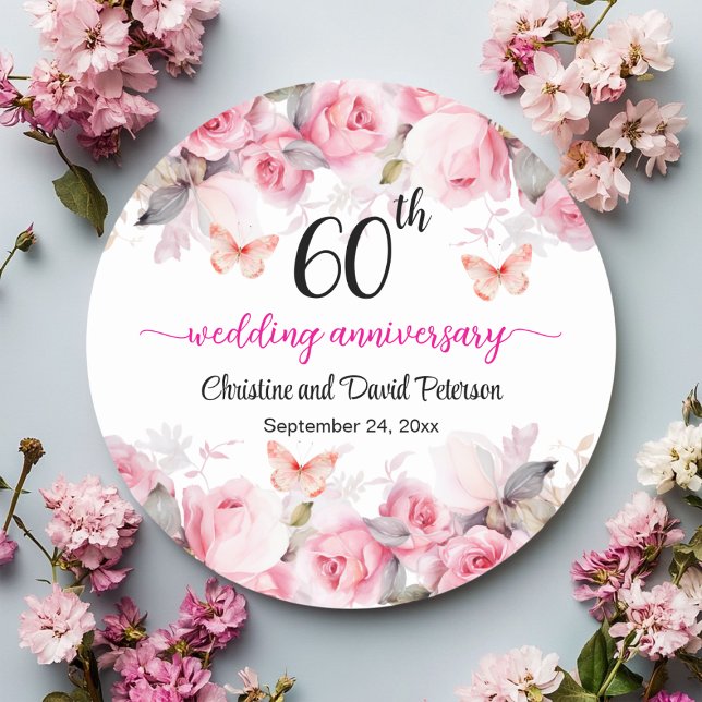 60th Wedding Anniversary Elegant Blush Roses Classic Round Sticker (Creator Uploaded)