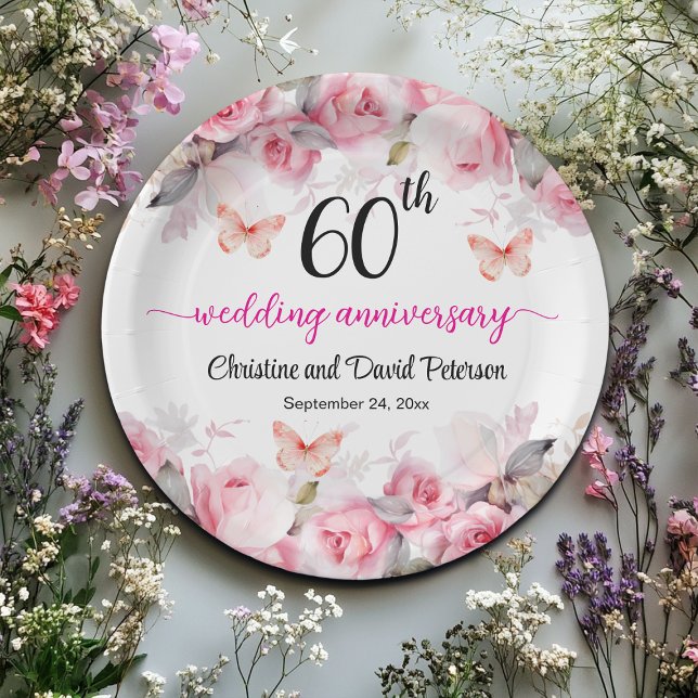 60th Wedding Anniversary Elegant Blush Roses Paper Plate (Creator Uploaded)