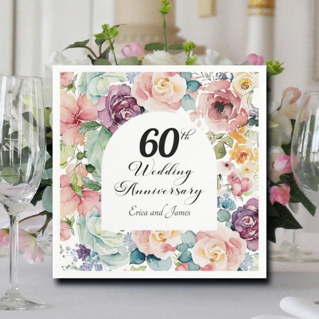 60th Wedding Anniversary Elegant Script Floral Napkin (Creator Uploaded)