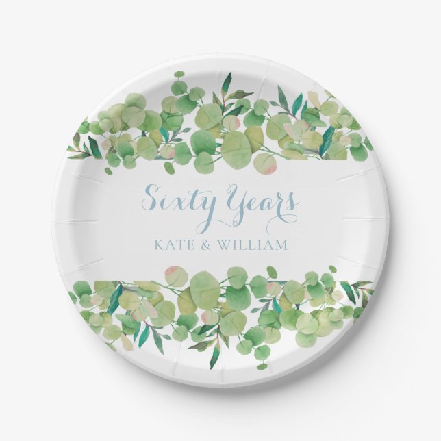60th Wedding Anniversary Eucalyptus Greenery Paper Plate (Front)