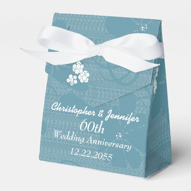 60th Wedding Anniversary Favour Box, Blue Floral Box (Front Side)